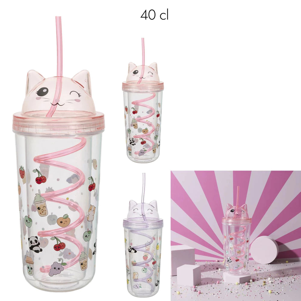 Gobelet Kawaii Chat - 40cl avec paille spirale rose