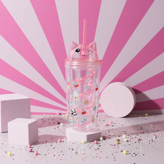 Gobelet Kawaii Chat - 40cl avec paille spirale rose