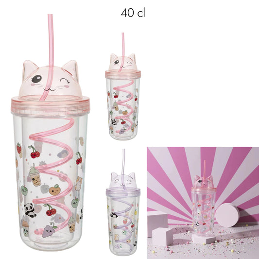 Gobelet Kawaii Chat - 40cl avec paille spirale rose